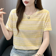 韩版2025新款夏季简约竹节棉短袖t恤女条纹圆领上衣宽松薄款体恤