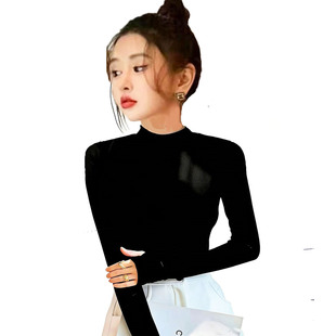 加绒加厚半高领打底衫女冬天袖子加长护手拇指洞保暖衣手套袖秋衣