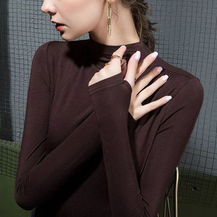 莫代尔半高领上衣连带手指套t恤时尚套指舞蹈打底衫勾指棉小衫女