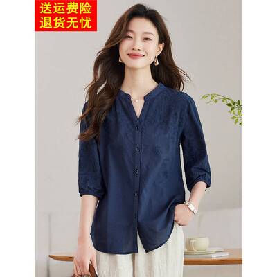 苎麻衬衫女式短袖夏季连衣裙2025新款高端热门款式大牌时尚休闲棉
