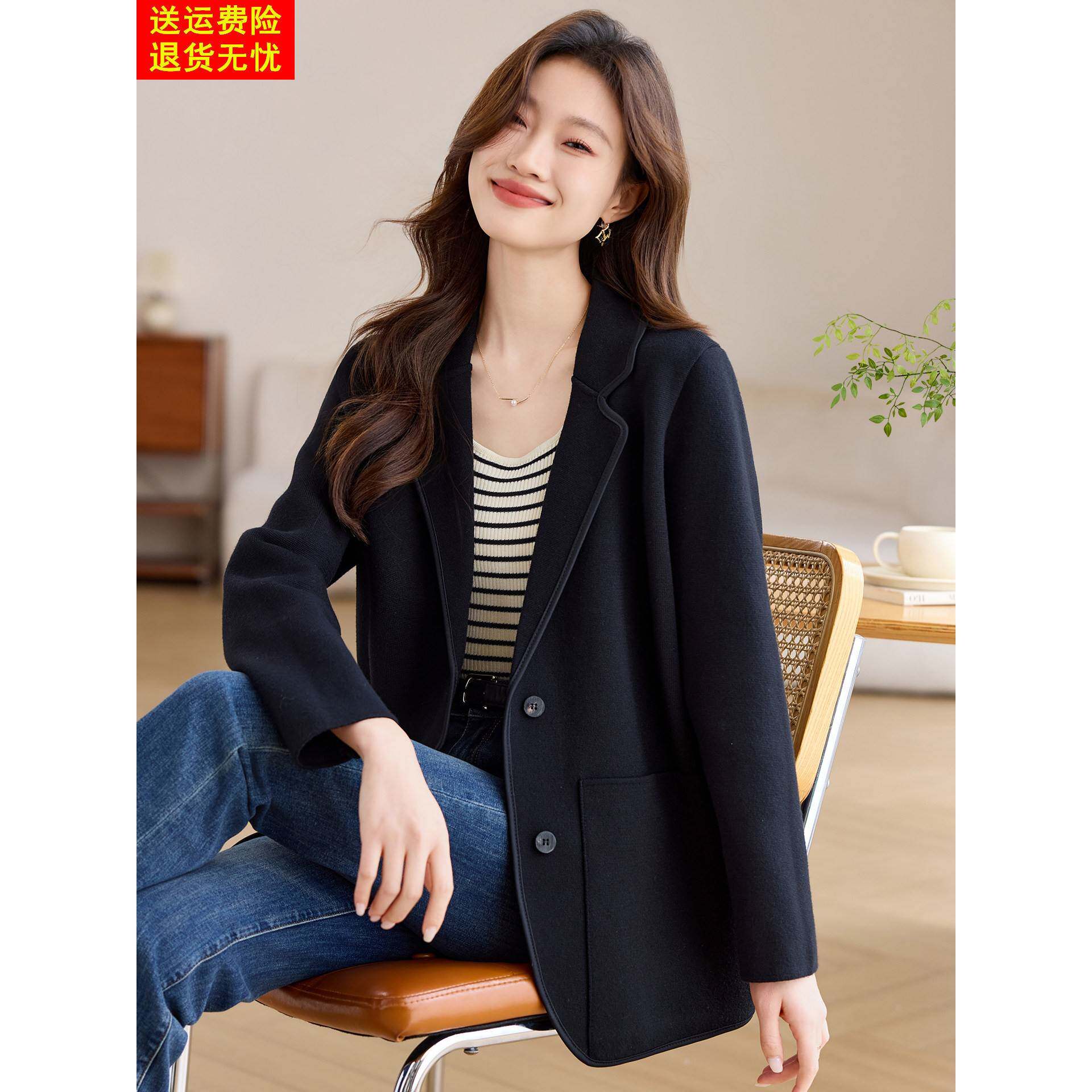 极简高级感气质西装领毛衣短外套女2025新款秋冬韩系休闲宽松开衫