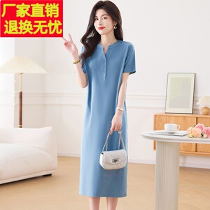 高端大气全棉连衣裙女休闲时尚百搭漂亮过膝长裙子夏天短袖新款
