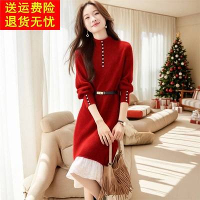 2025秋冬新款洋气红色针织连衣裙女收腰系带中长款显瘦气质打底裙