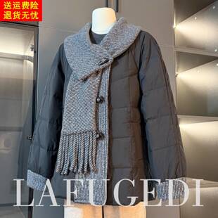 妈妈冬装白鸭绒羽绒服拼接围巾领上衣服中老年女装高贵保暖厚外套