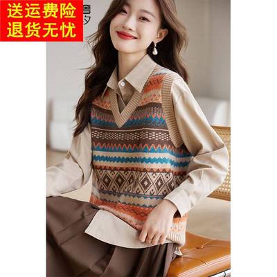复古提花v领针织马甲女秋冬外穿2025新款超好看叠穿宽松毛衣背心