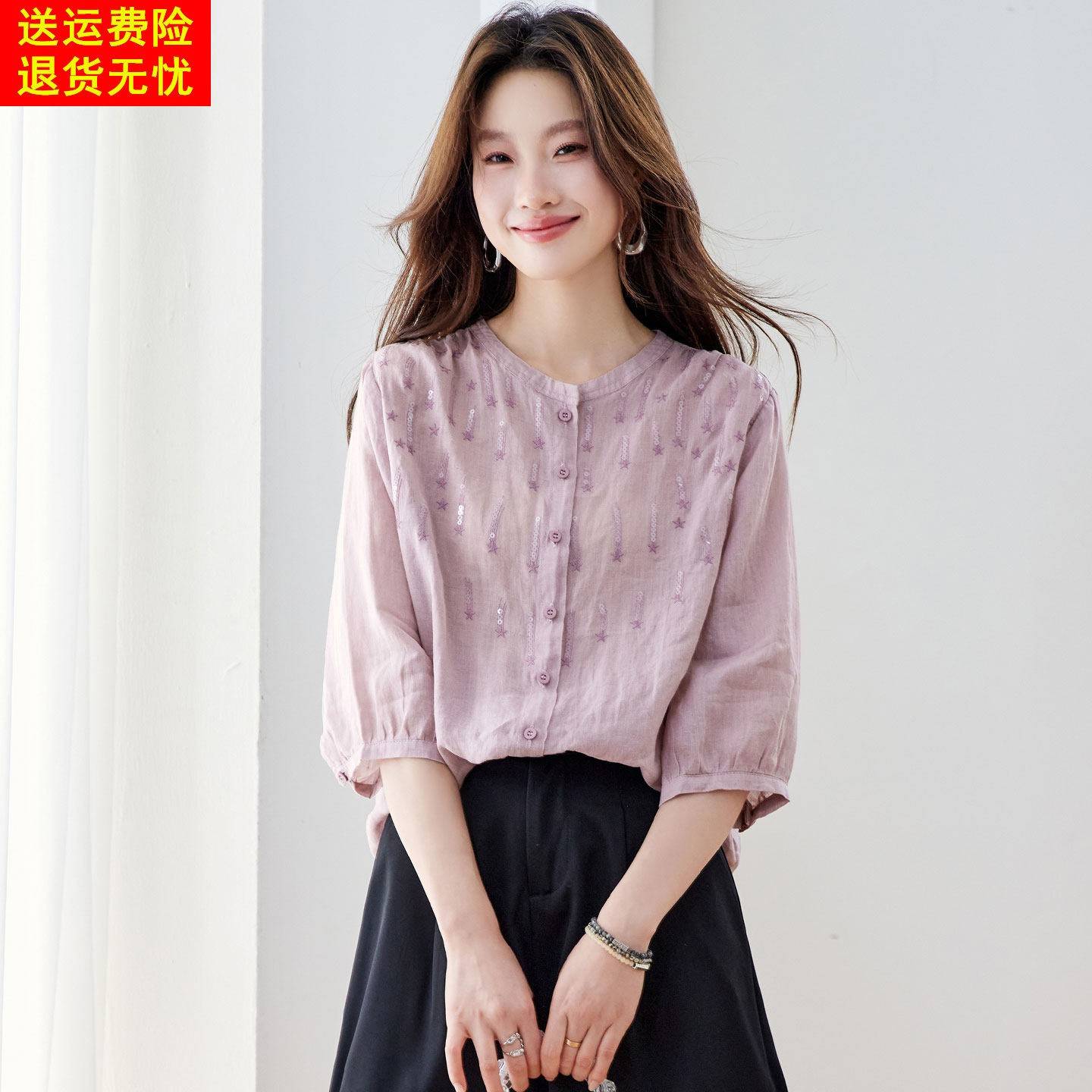 苎麻中袖衬衫女夏季独特漂亮超好看圆领刺绣棉麻半袖衬衣高端上衣
