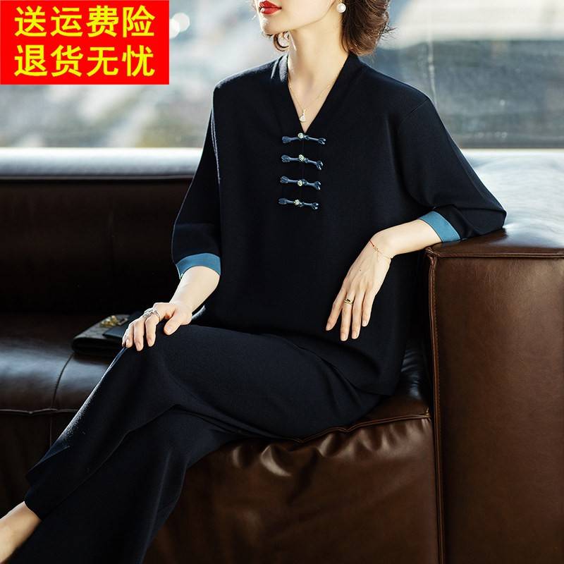 妈妈新中式国风两件套洋气时尚中老年新款休闲套装女春秋大码夏季