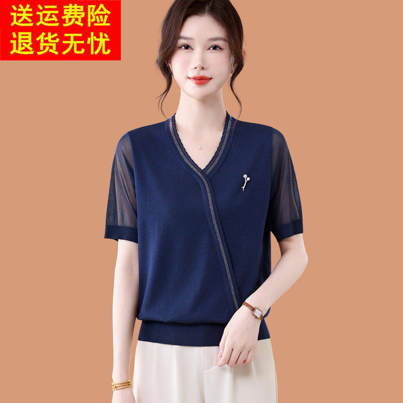 v领冰丝短袖t恤女洋气妈妈夏装2026新款蕾丝纱袖烫钻打底小衫上衣