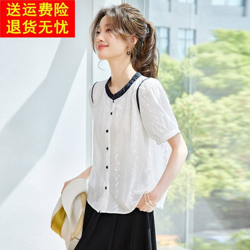 纯棉短袖刺绣衬衫女2025夏季新款宽松圆领撞色衬衫减龄白色上衣薄
