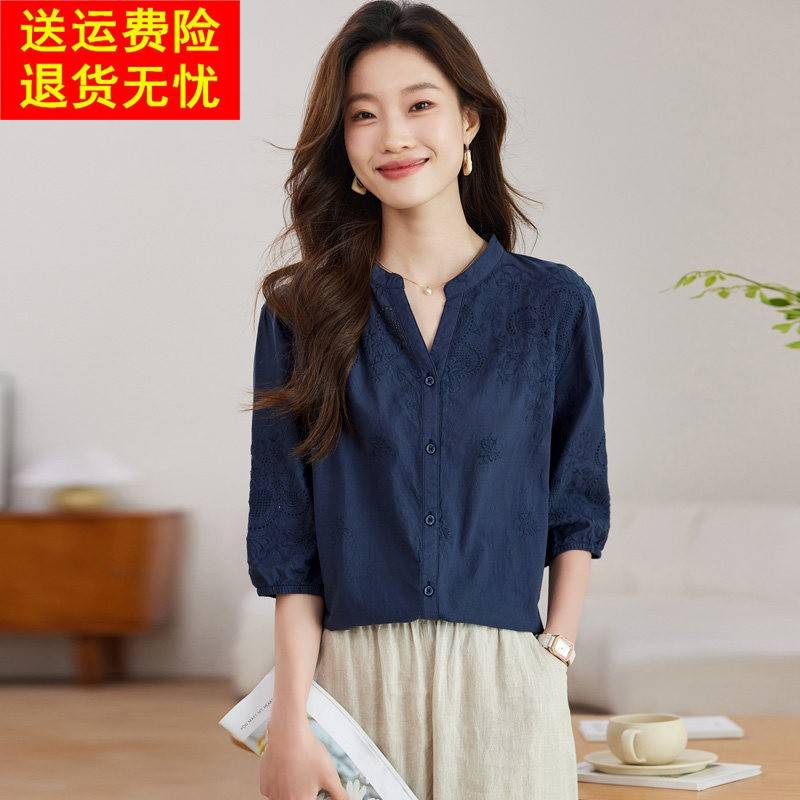 棉麻七分袖衬衫女中半袖上衣夏2026新款纯棉刺绣小衫国风减龄衬衣