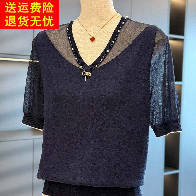 时尚洋派网纱拼接针织衫女妈妈装夏装新款上衣减龄气质中年人T恤