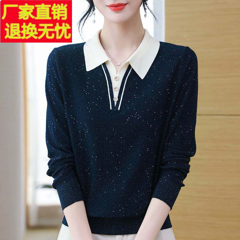 声雨竹清仓折扣春秋翻领桑蚕丝长袖t恤女亮片宽松显瘦针织上衣薄