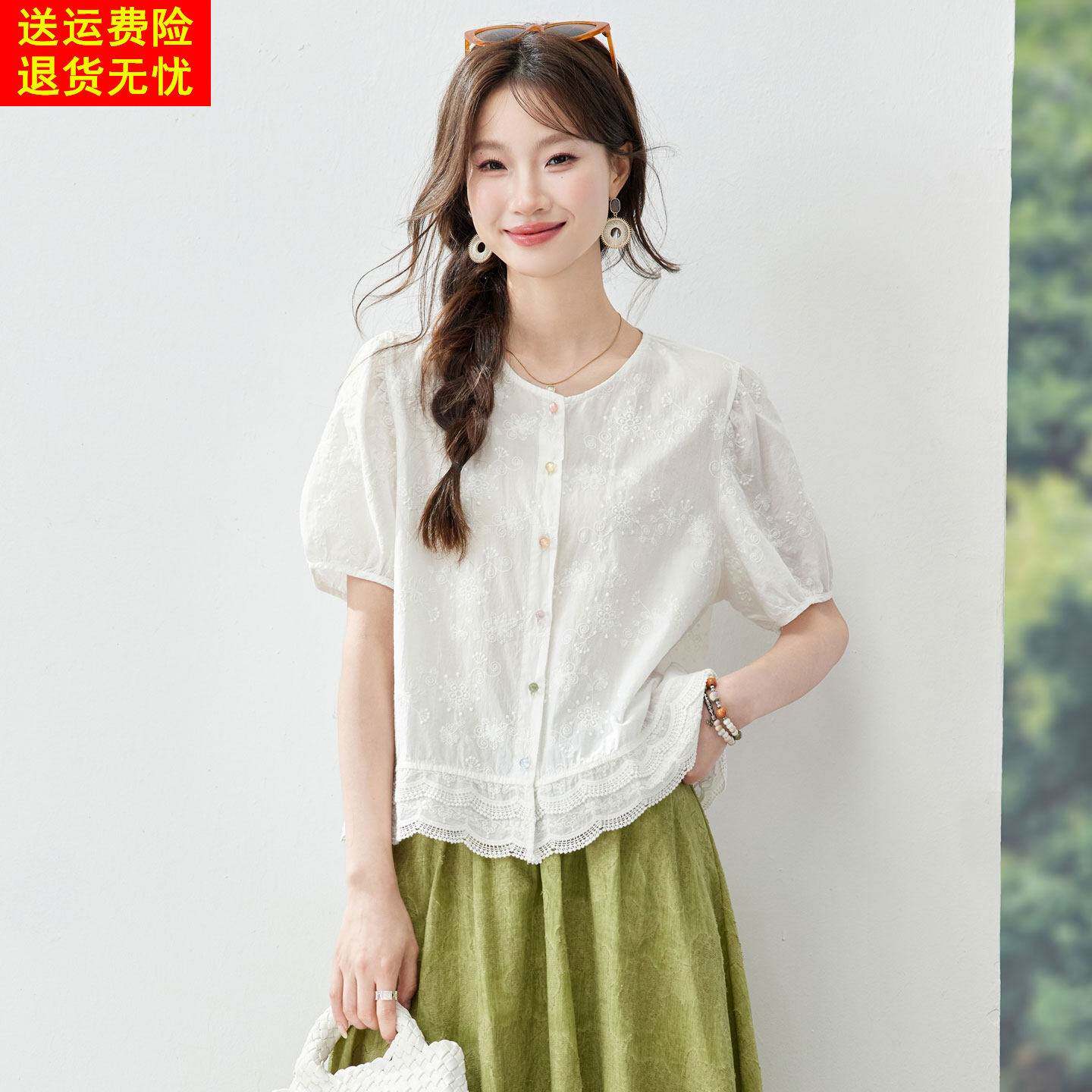 法式甜美风刺绣纯棉短袖衬衫女夏季独特超好看宽松气质衬衣上衣