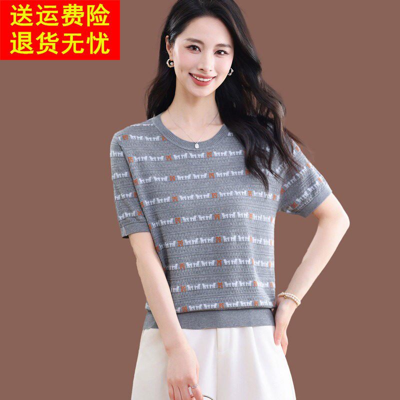 桑蚕丝短袖t恤女士夏季新款洋派短款宽松条纹上衣薄款冰丝针织衫