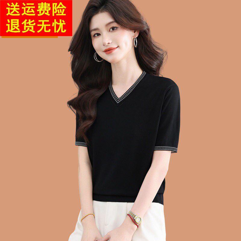 V领真丝短袖t恤女2026新款女装夏薄款妈妈V领上衣冰丝针织小衫