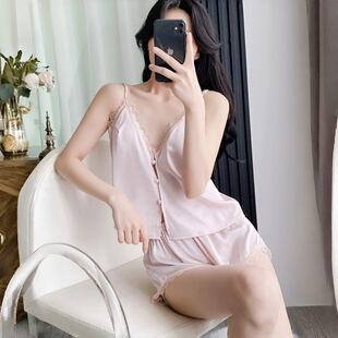 薄款 蕾丝套装 春秋家居服带胸垫 直播冰丝绸睡衣性感吊带短裤 女夏季