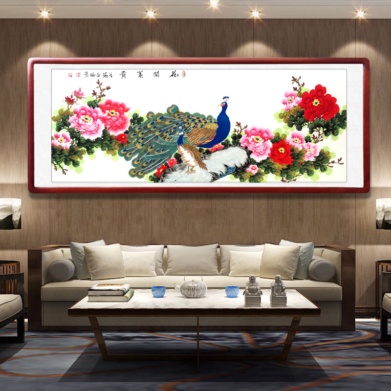 手绘中国画牡丹画孔雀客厅装饰花鸟风水挂画花开富贵六尺横幅字画图片