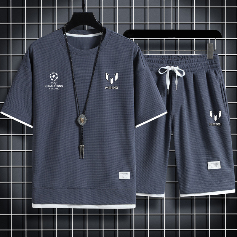 2025夏季欧冠梅西短袖体恤足球套装男士宽松透气短裤休闲服