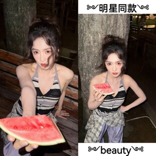 原版五哈蔡文静同款复古条纹V领针织挂颈吊带背心女辣妹露背短款