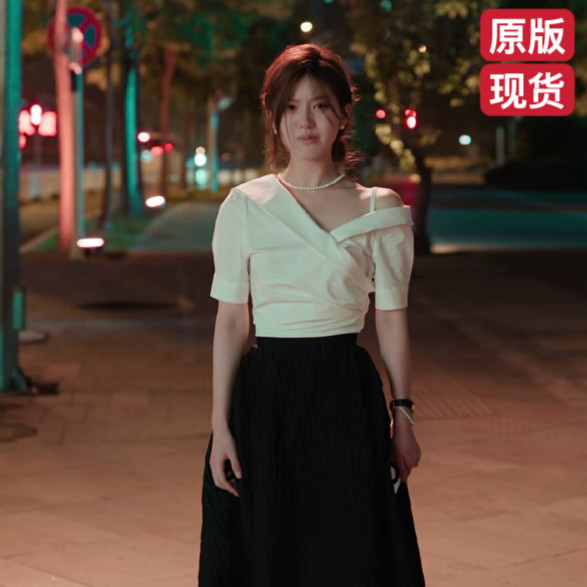 原版许我耀眼赵露思许妍同款衬衫女夏季白色短袖一字领衬衣上衣