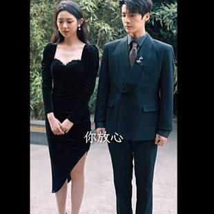 短剧李柯以欧颜同款 原版 连衣裙春秋方领抹胸礼服收腰裙子女衣服潮
