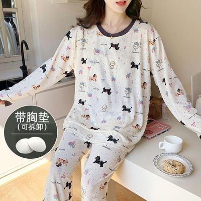 带胸垫睡衣女春秋款纯棉长袖大码胖mm套装春夏薄款加肥加大家居服