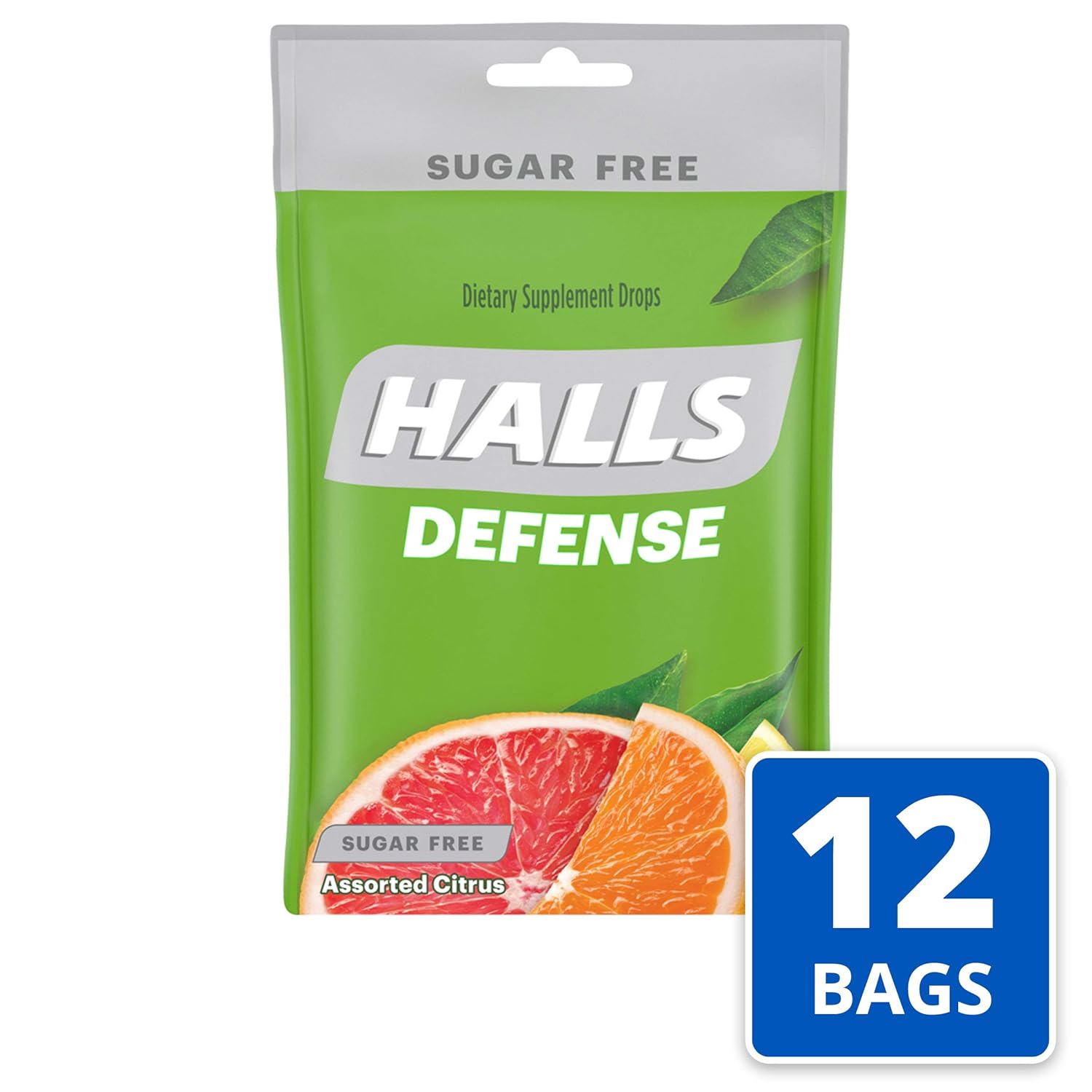 12袋美国直邮 HALLS Defense 柑橘无糖维生素C润喉糖免疫膳食25颗