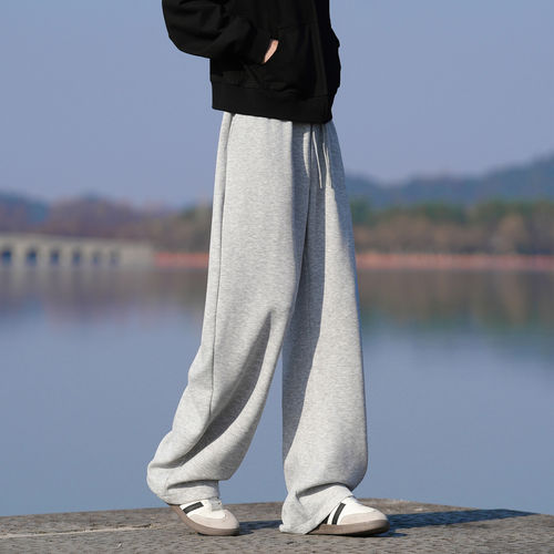 灰色重磅卫裤男款秋季运动休闲阔腿直筒宽松百搭美式长裤子