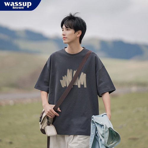 WASSUP BROWN短袖t恤男夏季新款美式重磅纯棉男生半袖体恤衣服