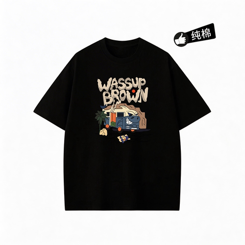 WASSUP BROWN纯棉短袖t恤男夏季新款青少年潮流重磅宽松圆领体恤