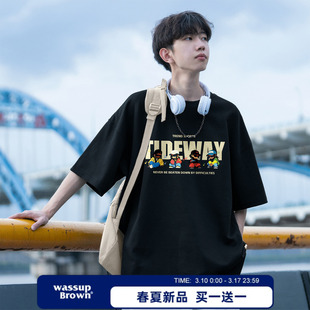WASSUP BROWN美式潮流短袖t恤男夏季高街痞帅印花青少年男生体恤
