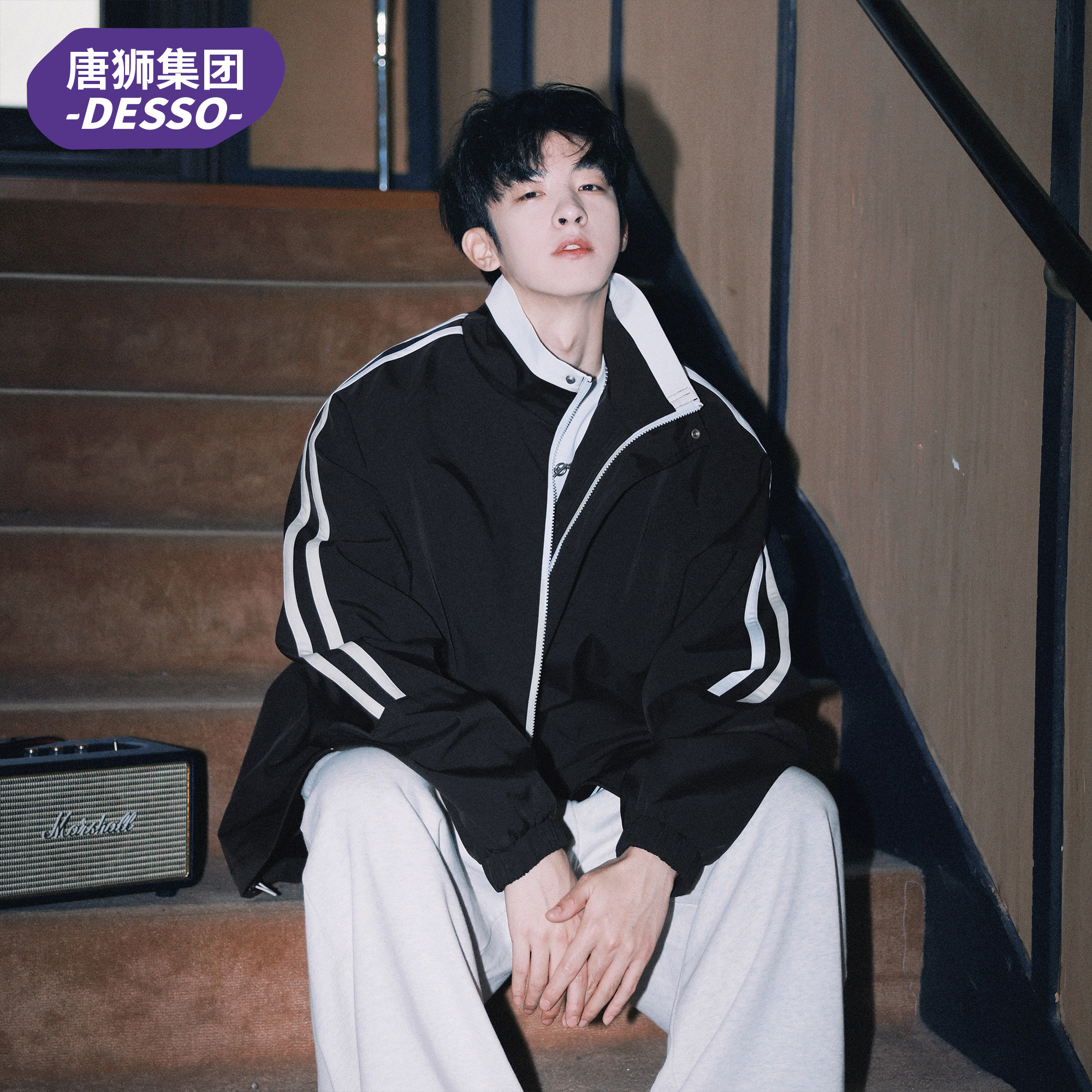 唐狮集团DESSO美式三条杠立领外套男款2025秋季新款潮牌宽松夹克