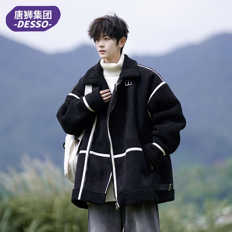 唐狮集团DESSO羊羔绒明线斜切棉衣男2025冬季新款宽松保暖厚外套
