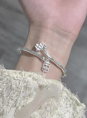 竹节平安银手镯女纯银9999足银实心镯子年轻款送女友老婆生日礼物