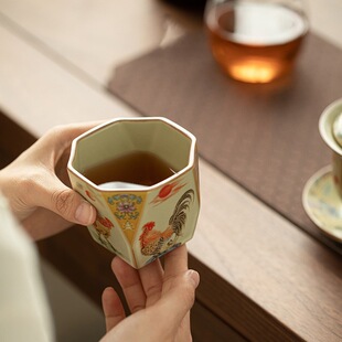 仿宋汝窑·缠枝莲吉祥八方杯复古大公鸡茶盏主人杯单杯汝窑陶瓷杯
