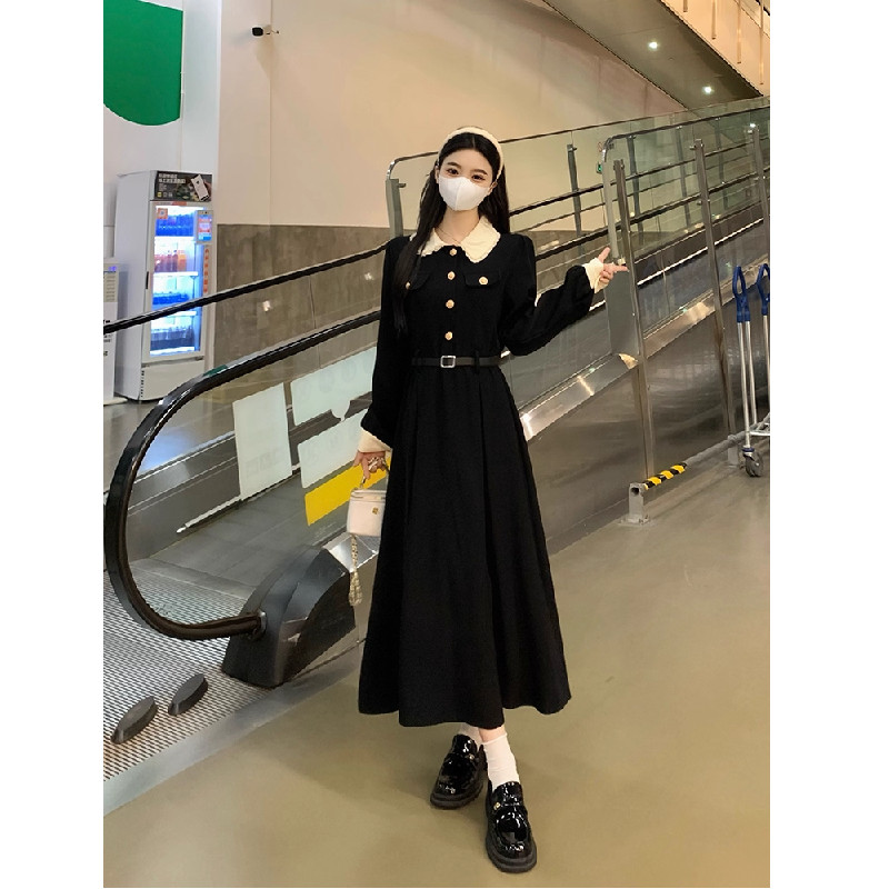 大码胖mm初春高腰翻领长袖连衣裙女韩版时尚洋气赫本风a字长裙子