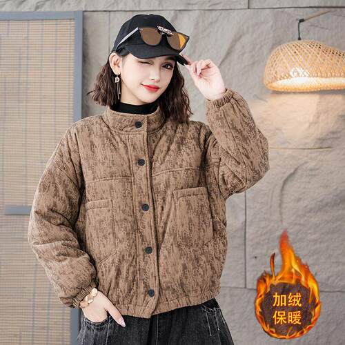 复古休闲加绒加厚棉衣外套显瘦女