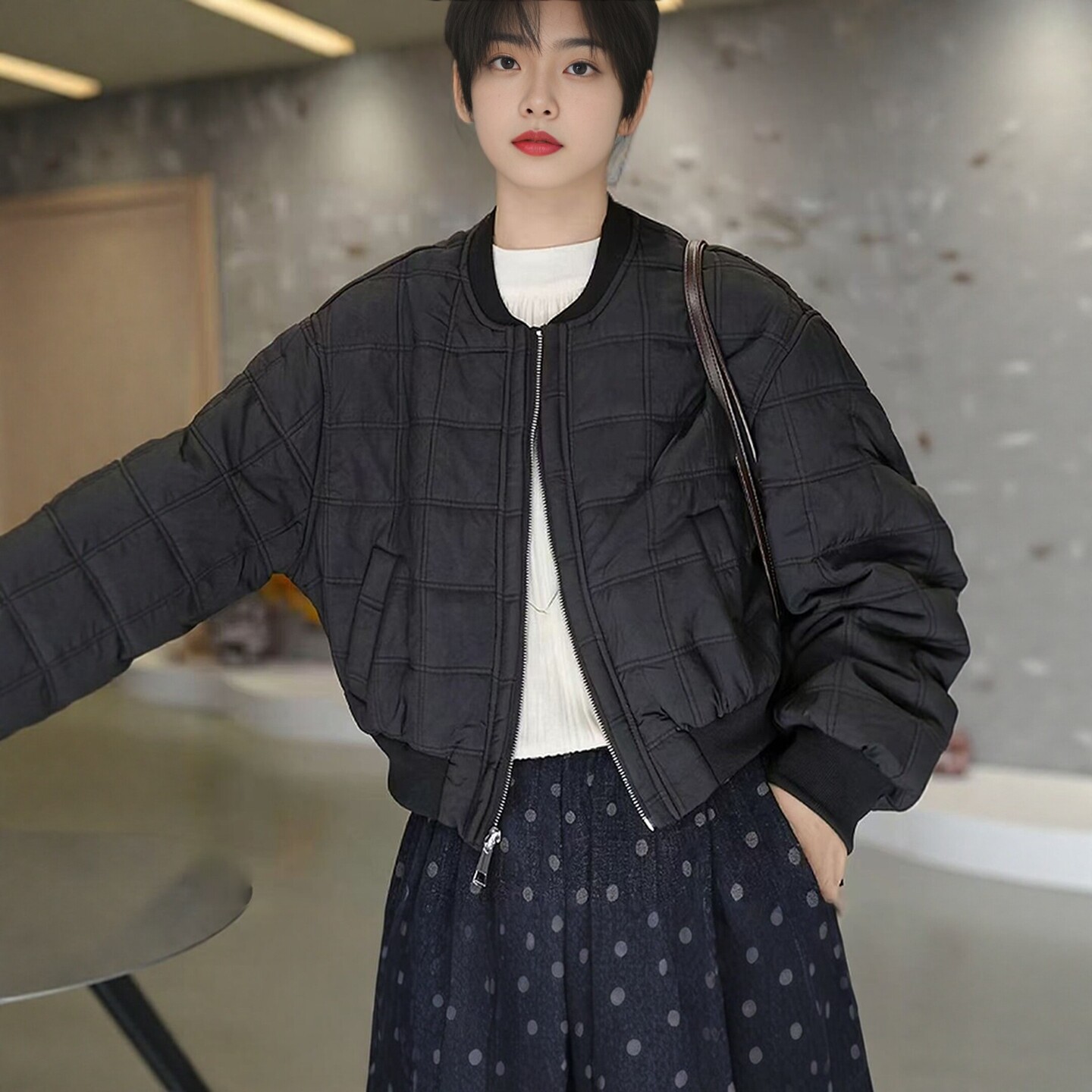 韩系菱格棒球棉服女秋冬保暖棉衣