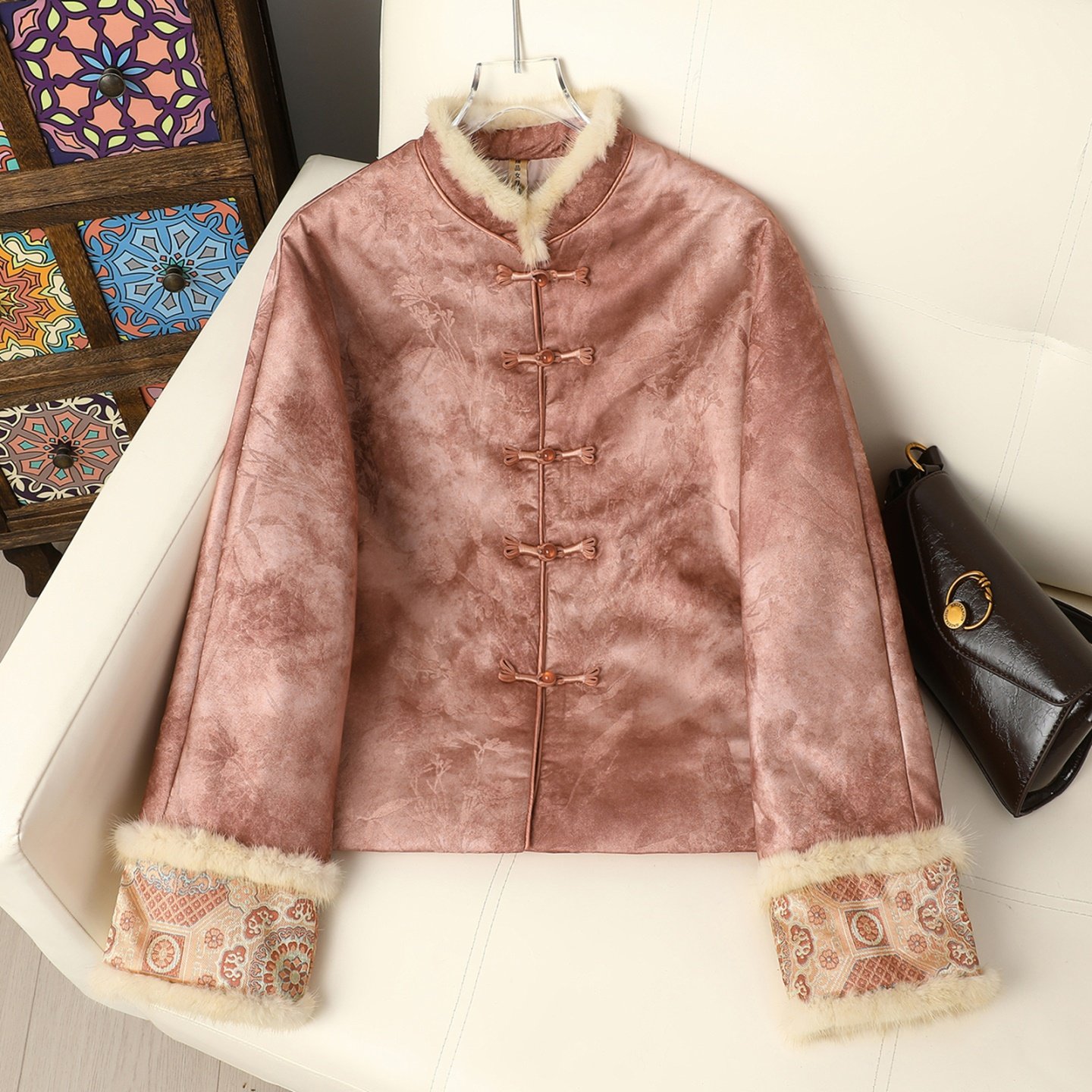 中式国风水貂毛拼接复古唐装棉衣外套女冬季新款加厚夹棉保暖棉服