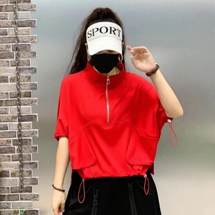 2026夏季新款蝙蝠袖短袖T恤套装大码女装时尚短款立领拉链两件套