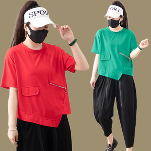 欧洲站夏季新款设计感短袖t恤套装女时尚不规则上衣哈伦裤两件套