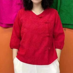 糖果色侧扣棉麻小衫春夏女士显瘦七分袖盘扣国风中年妈妈唐装上衣