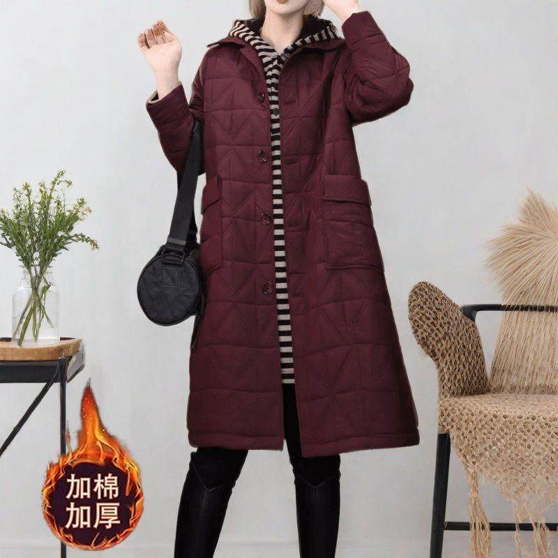 加厚百搭翻领棉衣外套洋气大码时尚冬季女中长款显瘦保暖棉服风衣