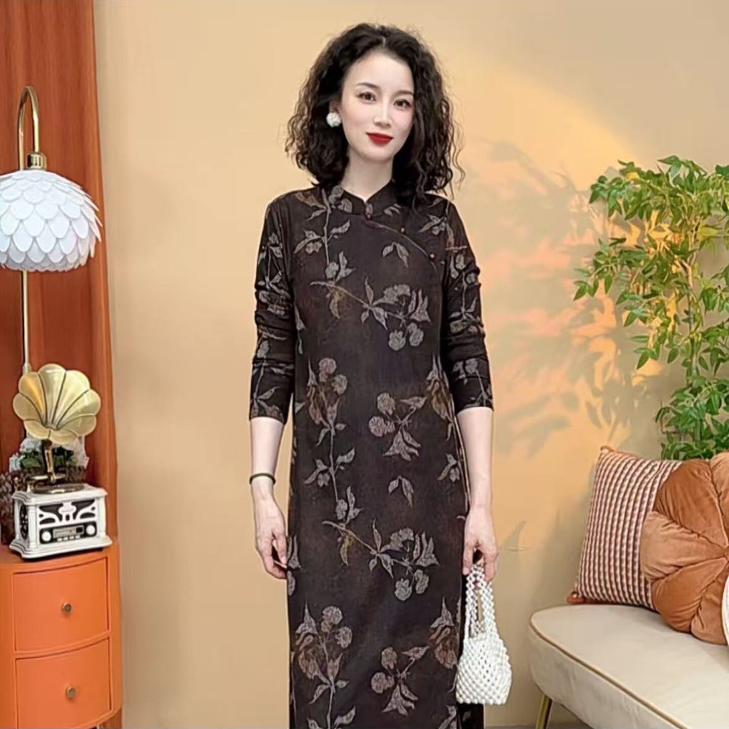 秋冬印花长袖旗袍裙妈妈装连衣裙