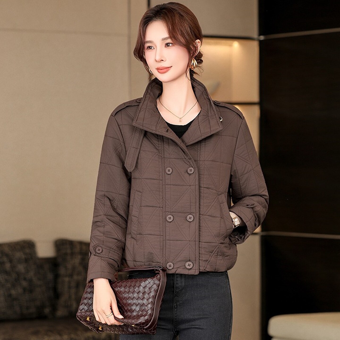 秋冬双排扣菱格短款保暖棉衣服女