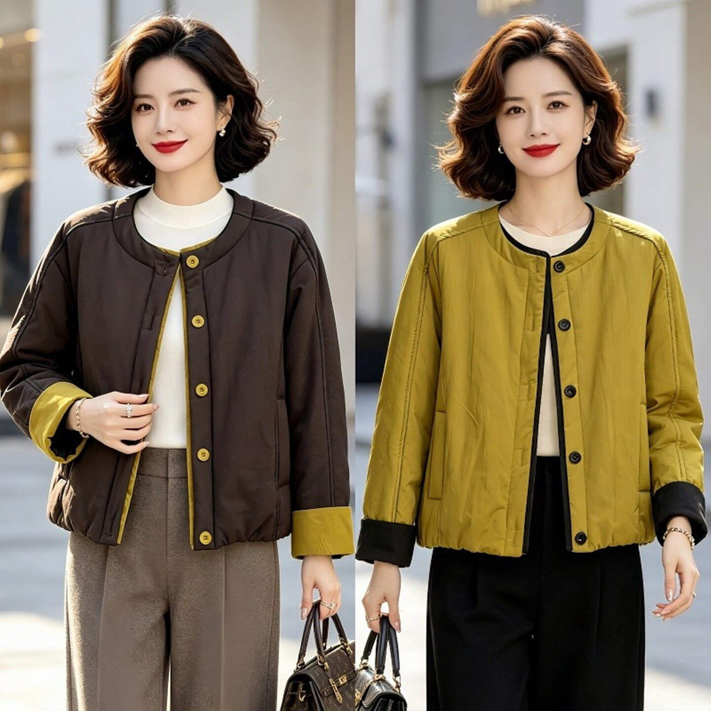 秋冬撞色短款棉服女宽松显瘦纯棉