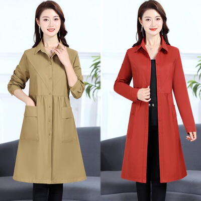 长袖衬衫领中长款韩版休闲风衣女