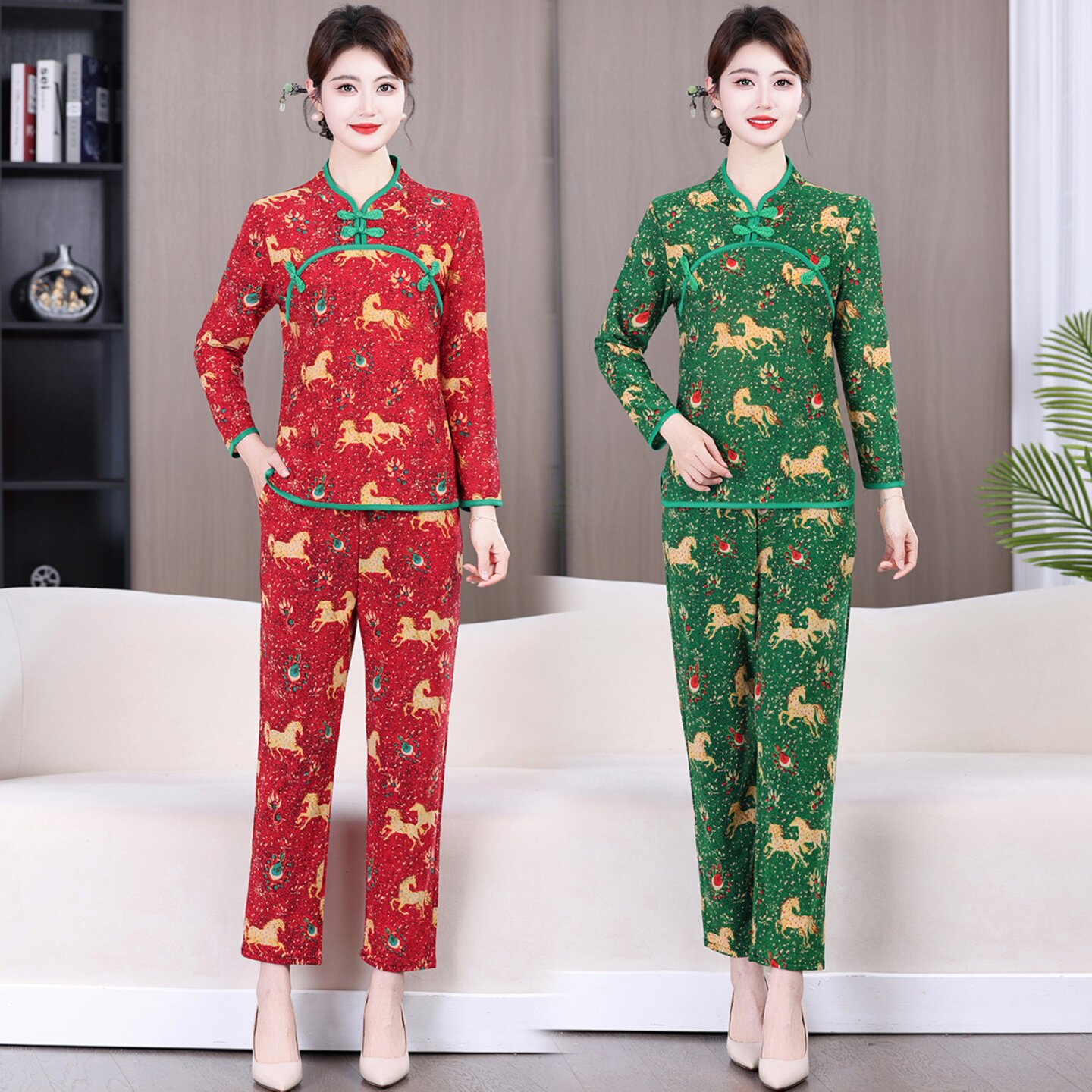 春秋新款长袖东北大花套装女立领盘扣旗袍上衣妈妈装表演服两件套