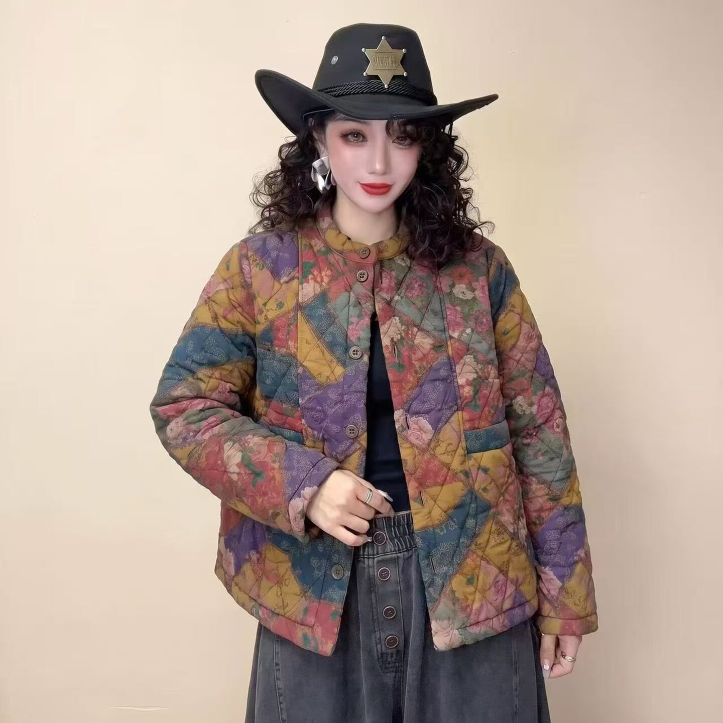 复古印花加厚保暖短款立领棉服女
