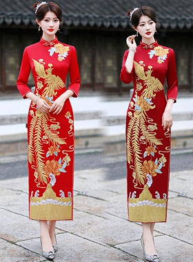 复古中国风红色凤凰图刺绣改良旗袍女长款走秀婚礼敬酒服高级礼服